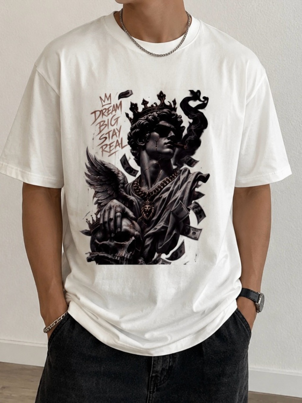 White Graphic Short-Sleeve Tee with 'Dream Big Stay Real' Statue Print